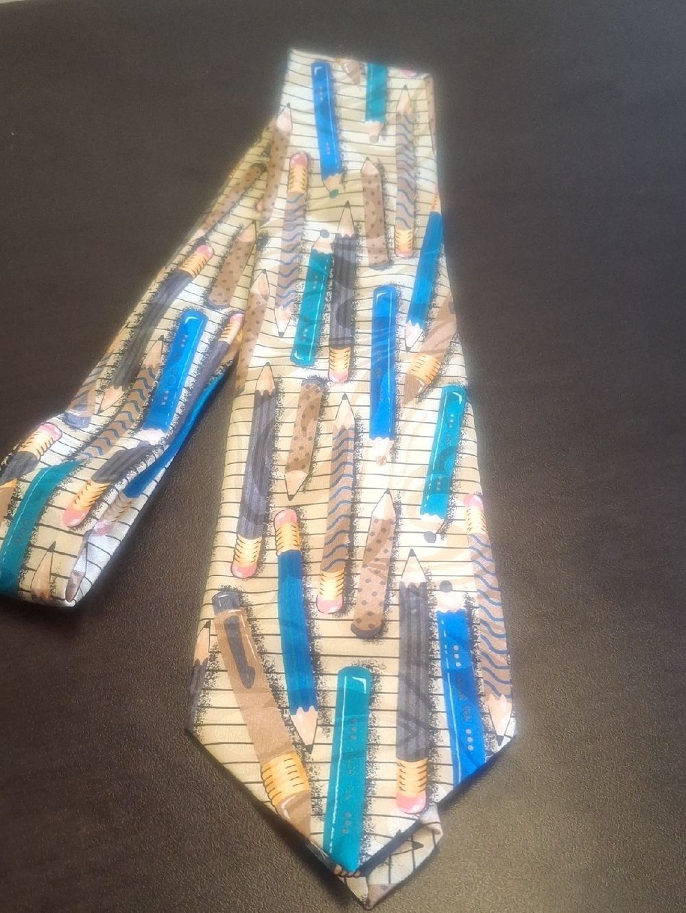 Novelty Pencils Pattern Tie in Blue, Tan and Black